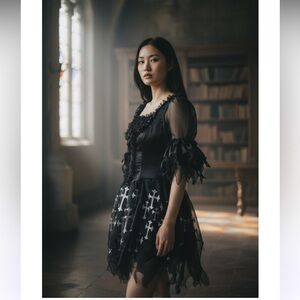 Gothic Black torn shredded look Dress with White Cross Pattern